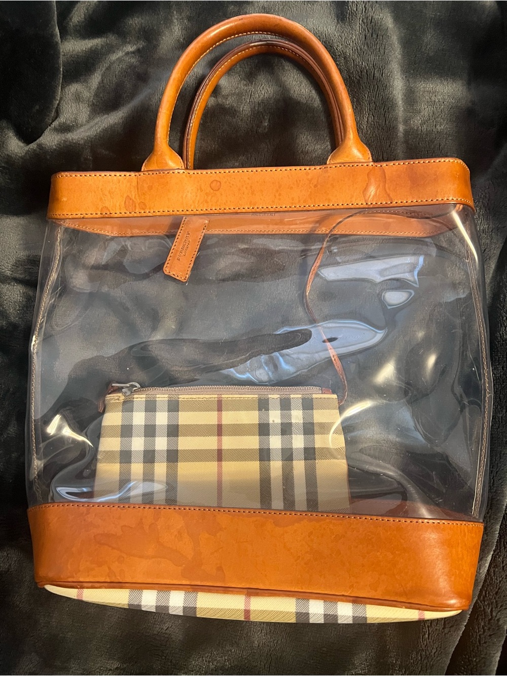 Authentic Vintage Burberry Clear Vinyl Tote Bag Nova Check with Pouch